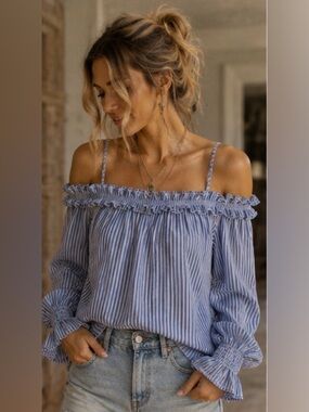 Coastal Boho Off Shoulder Stripe Top | Blue & White Ruffle Blouse
